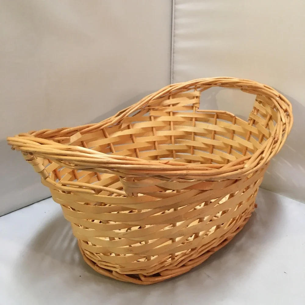 Woven Wicker Basket Unisex Large Natural Tan Oval with Handles Cottagecore